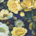 Navy Lumiere fabric with white and yellow floral buds, leaves, and butterflies.
