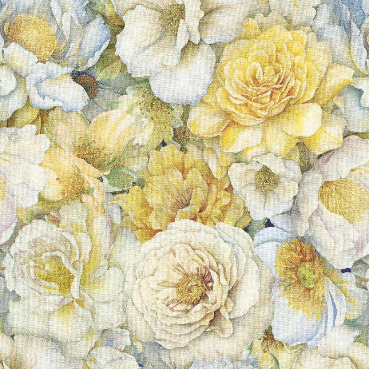 Cream Lumiere fabric densely packed with floral buds and soft yellow details.