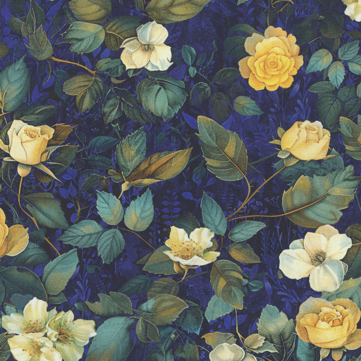 Midnight blue Lumiere fabric with medium cream florals and graceful leaves.