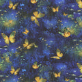 Royal blue Lumiere fabric with luminous butterflies and glowing floral accents.