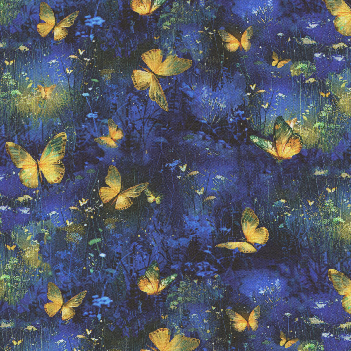 Royal blue Lumiere fabric with luminous butterflies and glowing floral accents.