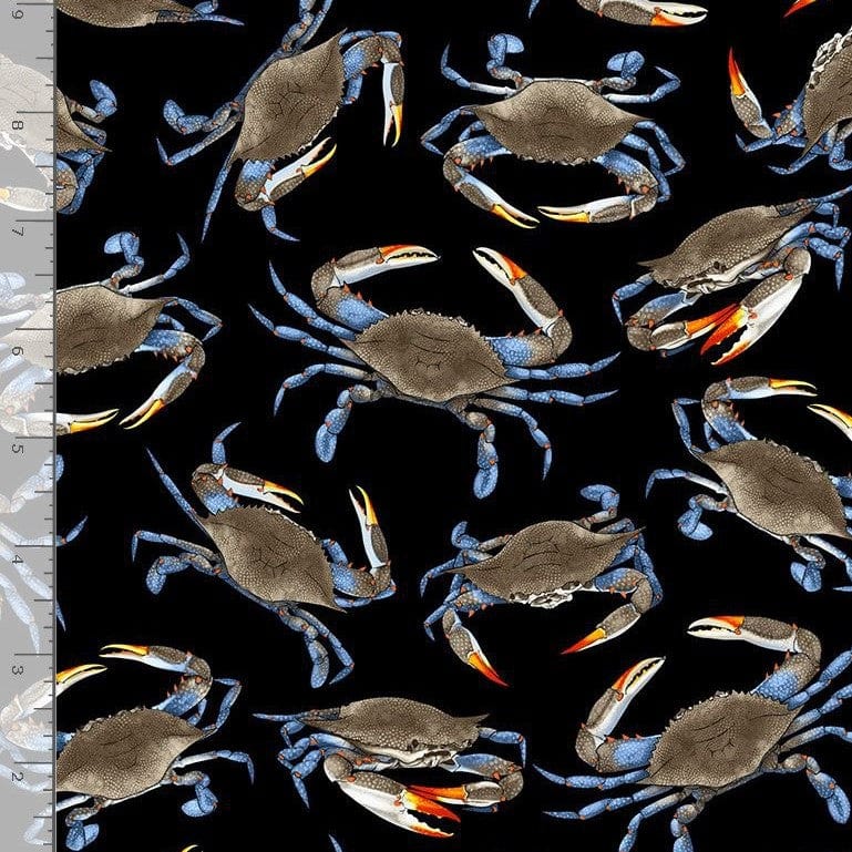 Nautical Beach Blue Crab Toss Black for Timeless Treasures - 1/2 YARD